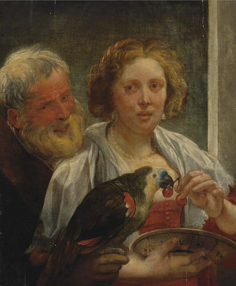 Un uomo barbuto e una donna con un pappagallo, amore non corrisposto
